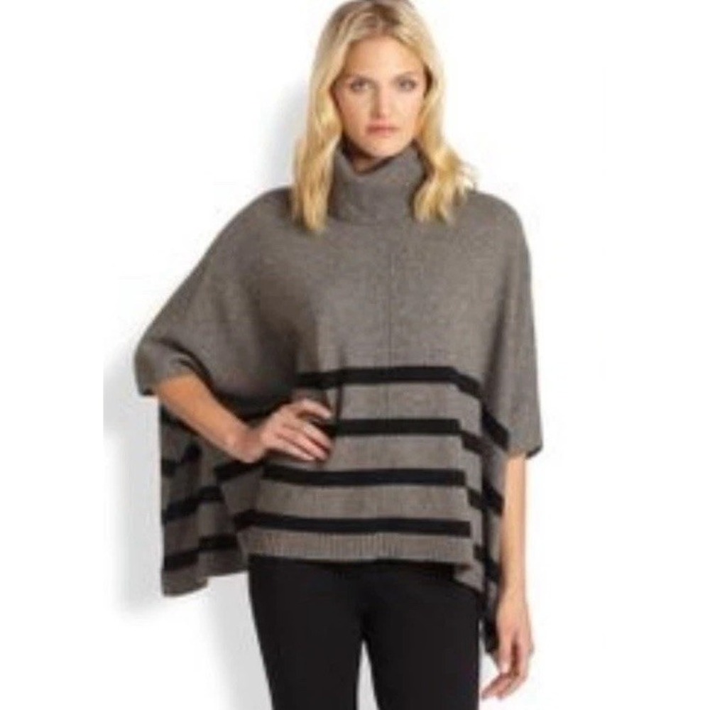 Cashmere Poncho Sweater Womens Size S Gray Black Stripe Cowl Neck Quiet Luxury